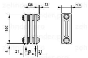 Схема (чертеж) Радиатор Zehnder Charleston 3019/3 №3570 Белый глянцевый RAL 9016